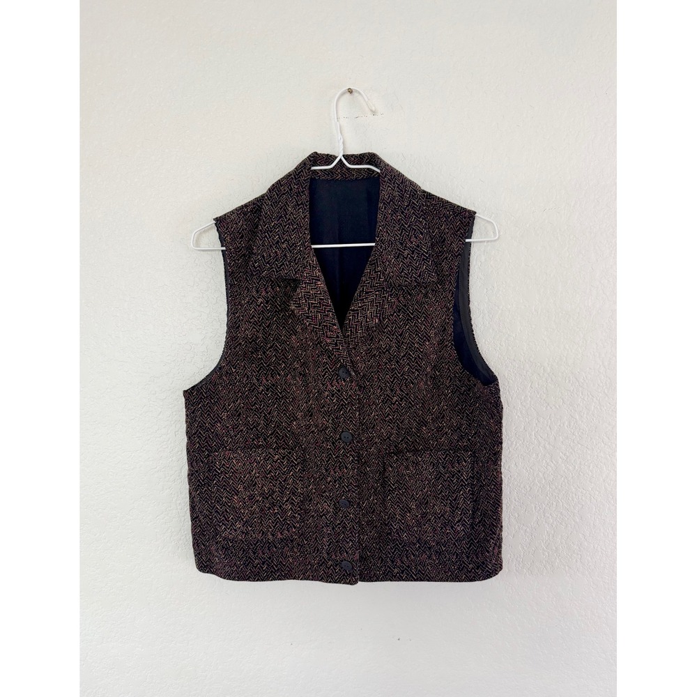 Vintage Textured Herringbone Vest Notched Lapel Button Front Black Gold Pink